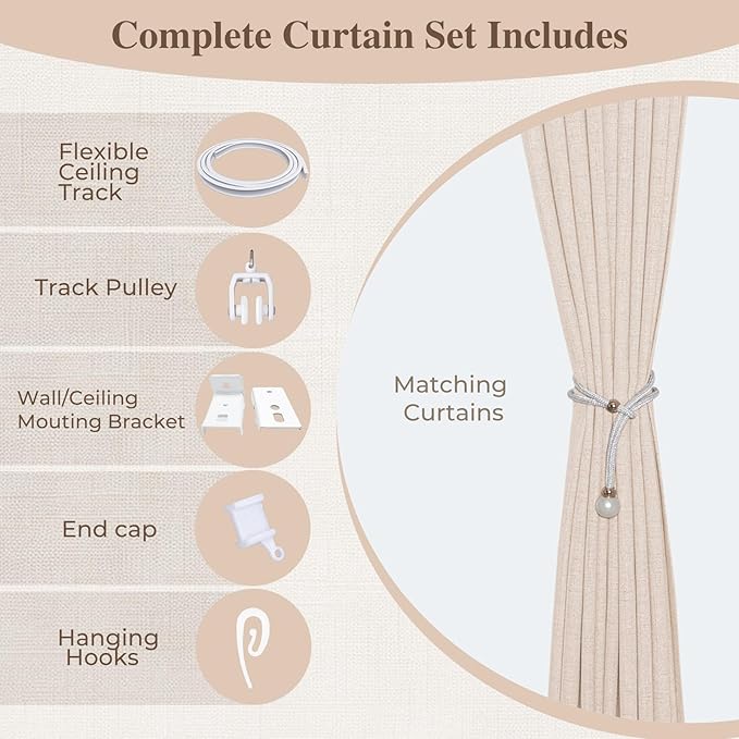 Faux Linen Semi Sheer 1 Panel Room Divider Curtain with Flexible Tracks, Extra Wide Light Filtering Privacy Curtains for Patio Sliding Glass Door, Room Divider Drapes for Living Room, Beige, W100xL96