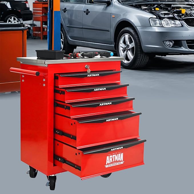 5 Drawer Rolling Tool Chest with Locker, 22.2" D Metal Movable Lockable Tool Cart Box Multi-Functional Hardware Storage Cabinet Box for Warehouse Basement Home Pantry Garage