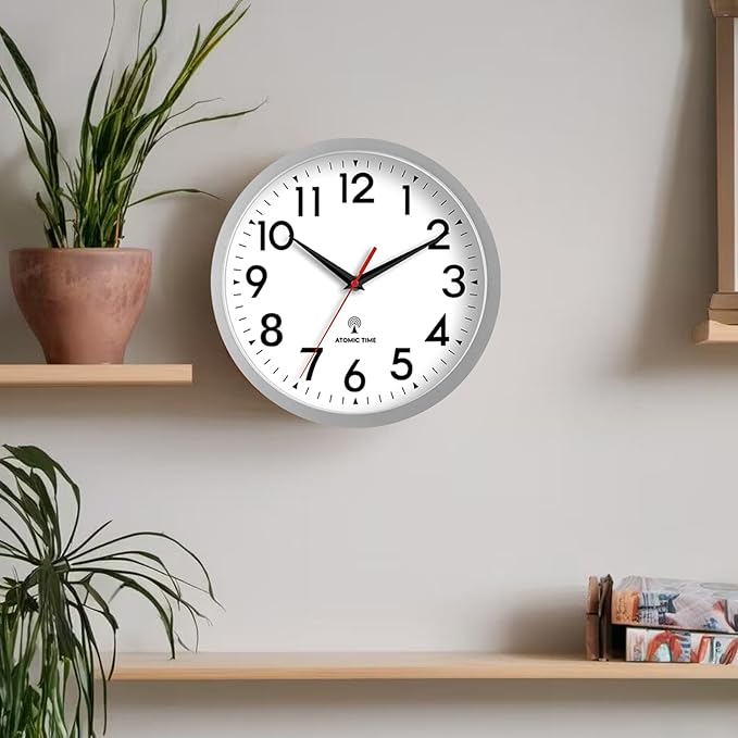Atomic Wall Clock Analog 14 Inch Battery Operated Modern Decorative for Living Room Kitchen Office Bedroom Bathroom(Silver)