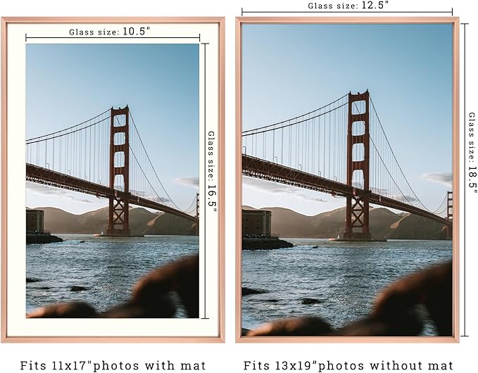 Frametory, 13x19 Metal Picture Frame with Mat for 11x17 Picture & Real Glass, Aluminum Photo Frame Collection (Rose Gold, 1 Pack)