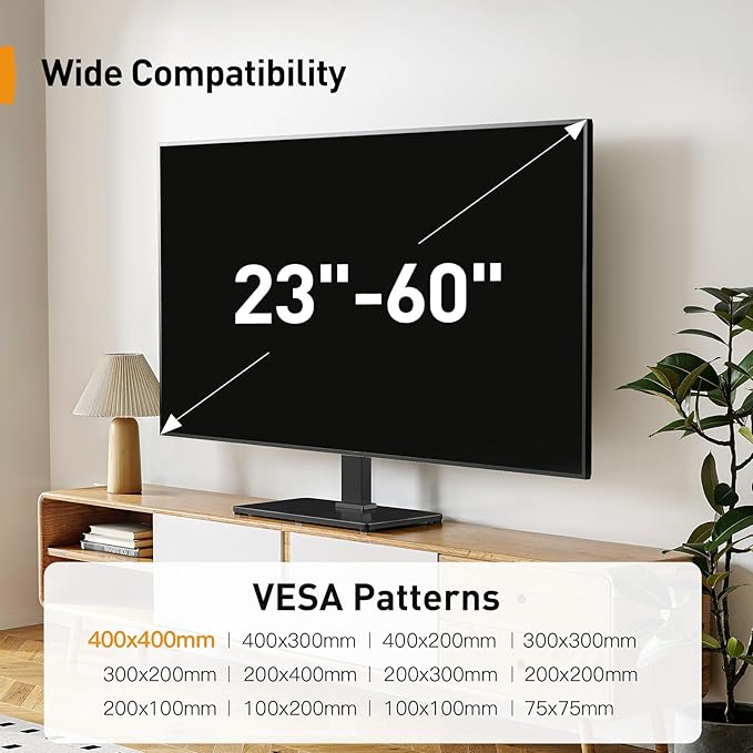 Perlegear Tabletop TV Stand, Universal TV Stand for 23–60 Inch LCD/LED/OLED TVs, Height-Adjustable TV Mount Stand with Tempered Glass Base & Cable Management, VESA 400x400mm, PGTVS02 ﻿