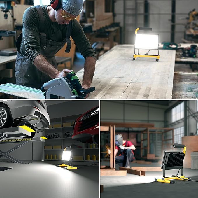 Olafus 60W LED Work Lights, 8400LM Portable Flood Light with Plug, 5000K Daylight, IP65 Waterproof Adjustable Job Site Lighting for Construction Site, Garage, Workshop, Jetty