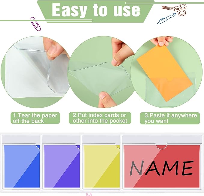 Chinco 50 Pack Clear Adhesive Pockets, Labels for Storage Bins, Plastic Self Adhesive Index Card Holder with Top Open for Organizing Bins Box Drawer(3.7 x 5.3 Inches)