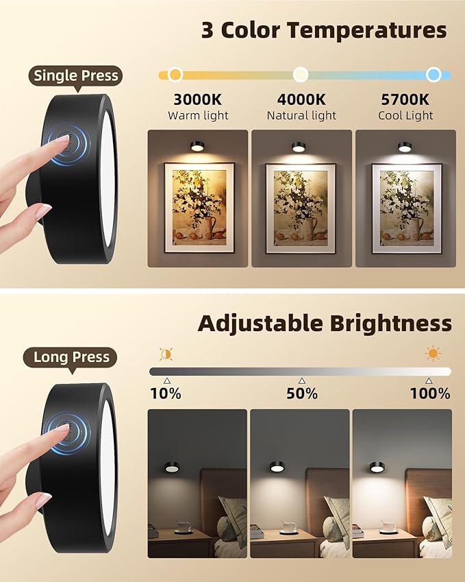 EZVALO LED Wall Mounted Lights, 5500mAh Rechargeable Wall Sconces Lamp, 3 Color Temps & Remote and Touch Control, 360°Rotation Dimmable Cordless Wall Light for Bedroom Reading Study Bedside (2 Pack)