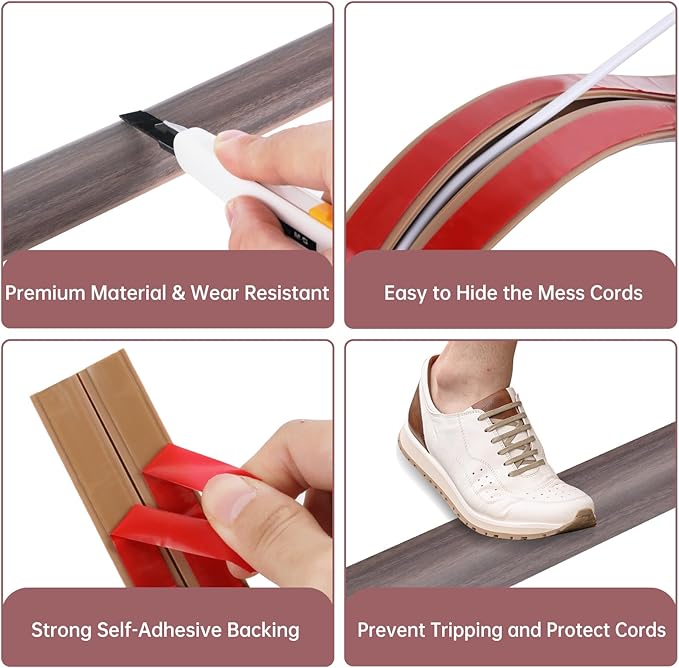 Floor Cord Cover Self Adhesive Cord Hider Floor Extension Cord Covers for Floor Power Cord Protector Cable Management Prevent Cable Trips Cable Cavity 0.59" W x 0.31" H (Brown Walnut Wood, 3.3Ft)