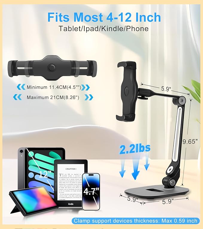 Adjustable Desk Tablet Stand, 360° Swivel iPad Kiosk Stand Fits for 4.7"-12" iPad Air mini Pro, iPhone, Samsung POS, Kindle, Aluminu Alloy Foldable Arm Holder for Store Kitchen Desktop, Black
