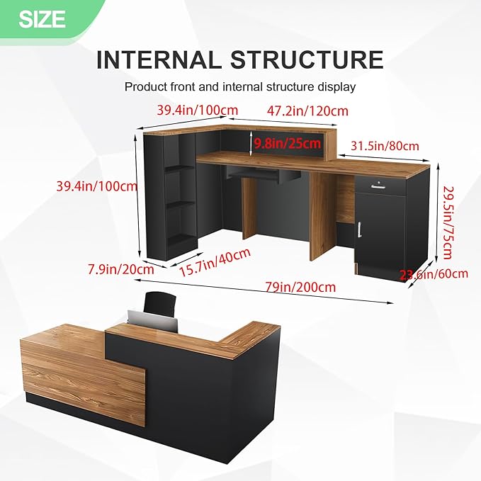 L Shaped Reception Desk with Lockable Drawer and Cable Grommets Front Desk Retail Checkout Counter Table for Salon Lobby Shop Office Reception Room Wood and Black Right 79inch/200cm