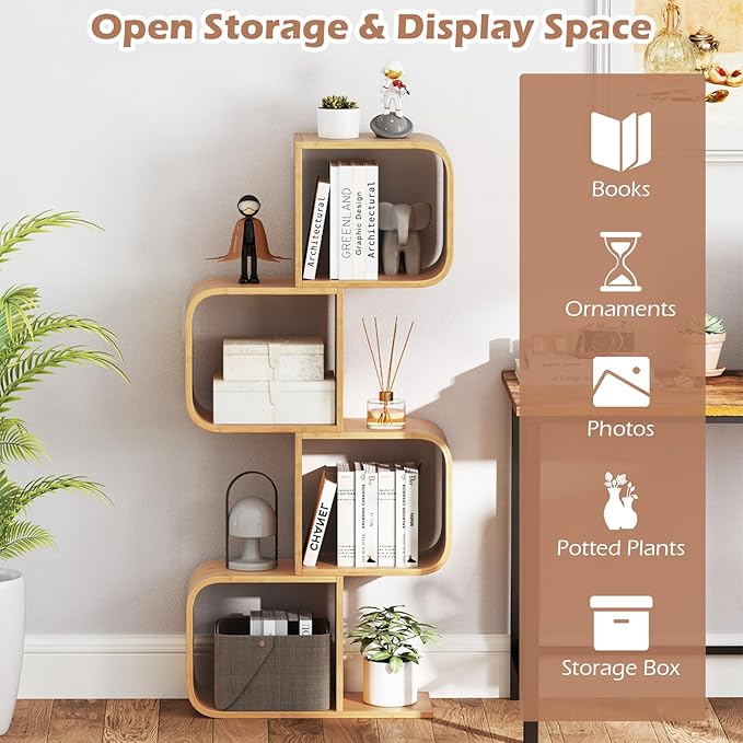 Giantex S-Shaped Bookcase Set of 2, 4-Tier Bamboo Bookshelf with 2 Open Cubes, Geometric Corner Display Shelf, Decorative Storage Organizer, Floor Storage Rack for Living Room, Home Office, Natural