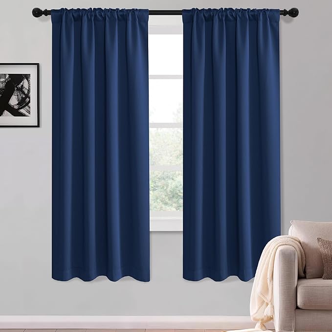 KGORGE Blackout Curtains for Bedroom, Privacy Thermal Insulation Room Darkening Noise Reducing Rod Pocket and Back Tab Drapes for Living Room Bedroom, W52 x L63 inches, Blue, 2 Panels