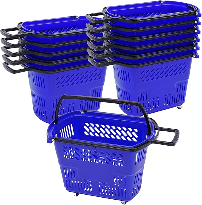 12PCS Plastic Shopping Basket with Handles & Wheels, 35L Rolling Shopping Carts, Grocery Basket with 4 Wheels and Handle, Portable Shopping Baskets for Retail Stores, Supermarkets (12PCS - Blue)