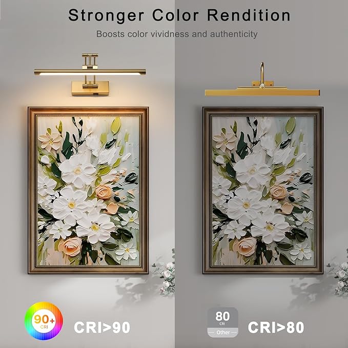 Battery Picture Lights for Wall, Rechargeable Gallery Light Wireless Art Display Lights with Dual-Rods Swing Arm Brass Painting Light with Remote & Timer 3CCT Dimmable Wall Sconces for Portrait 16”