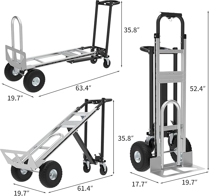 Aluminum Convertible Hand Truck, 800lbs 3 in 1 Folding Dolly Cart Lightweight Frame,Heavy Duty Industrial Platform Cart Handtruck for Construction, Logistics, Shopping, Home, Office Moving (Black)