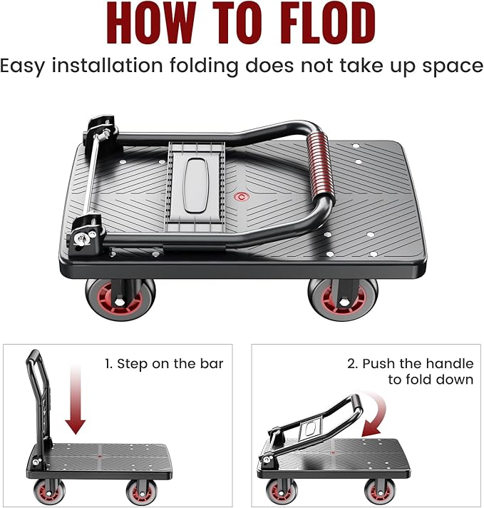 Upgraded Foldable Push Cart Dolly | 800 lbs. Capacity Moving Platform Hand Truck | Heavy Duty Space Saving Collapsible | 5‘’ TPR 360-Degree Silent Wheels | 2 Swivel Wheels and 2 Rigid Wheels