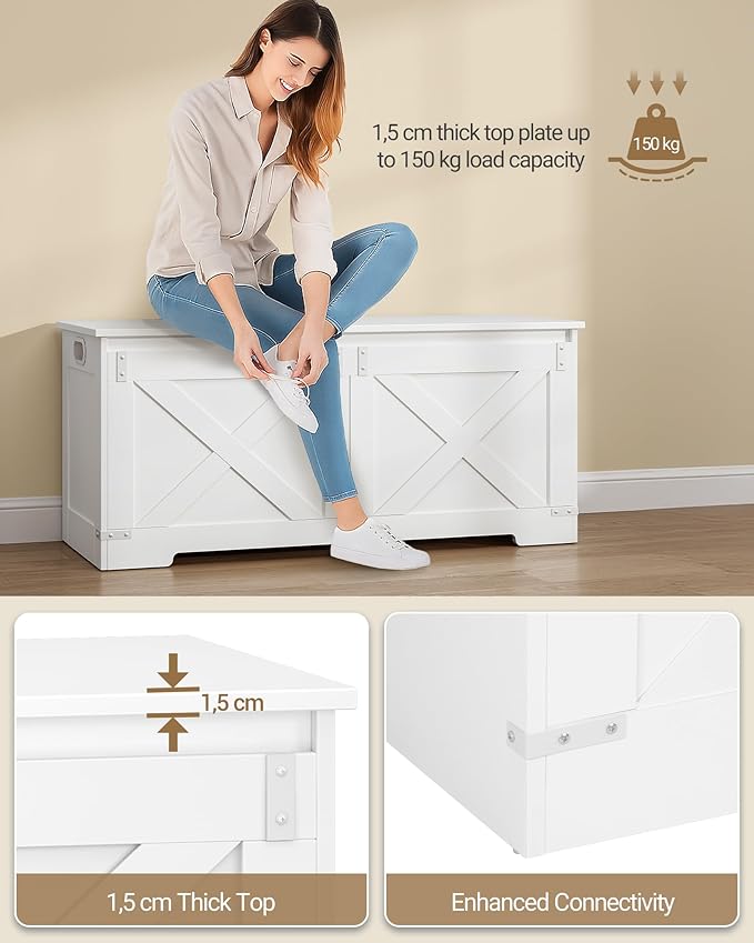 42.9" Storage Chest, Large Storage Trunk with 2 Hinges, Farmhouse Wooden Box Bench, Lift-Top Organizer Chest, Entryway Trunk for Bedroom, Living Room, White SB10903X