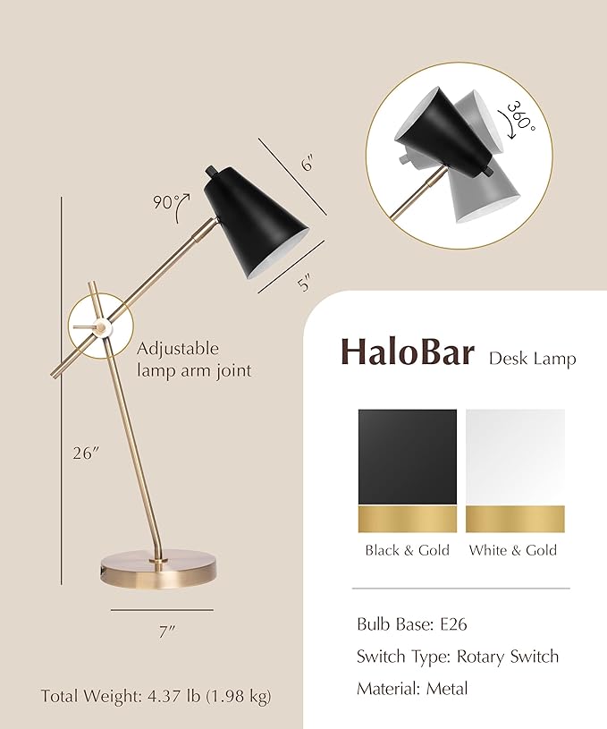 HarvestLand HaloBar Brass Desk Lamp Home Office – Black Industrial Table Lamp with Solid Base for Office, Reading Lamps for Bedside Table, Study and Reading Task Lamp, Christmas Gifts for Men