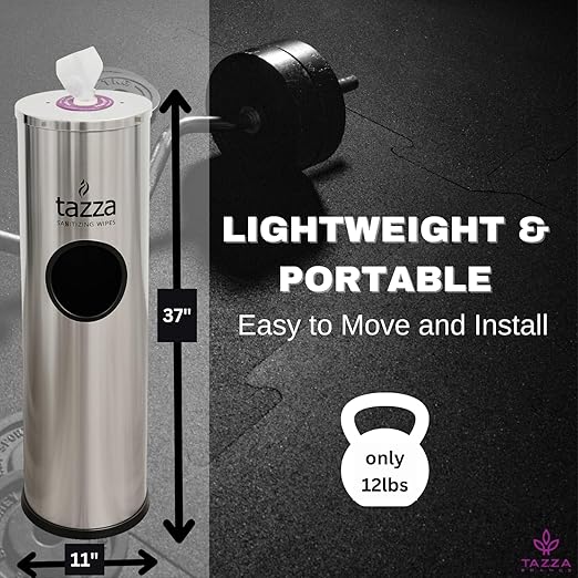 Tazza Gym Wipe Dispenser with Stainless Steel Floor Stand, Built-in Trash Can, Fitness Equipment Wipes Holder, 1.5 Gallon, Silver