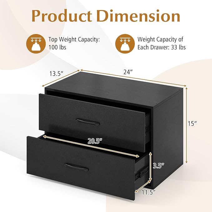 POWERSTONE 2 Drawers Storage Cabinets, Wooden Dresser Organizer, Under Desk Storage for Living Room, Bedroom, Home Office, Black