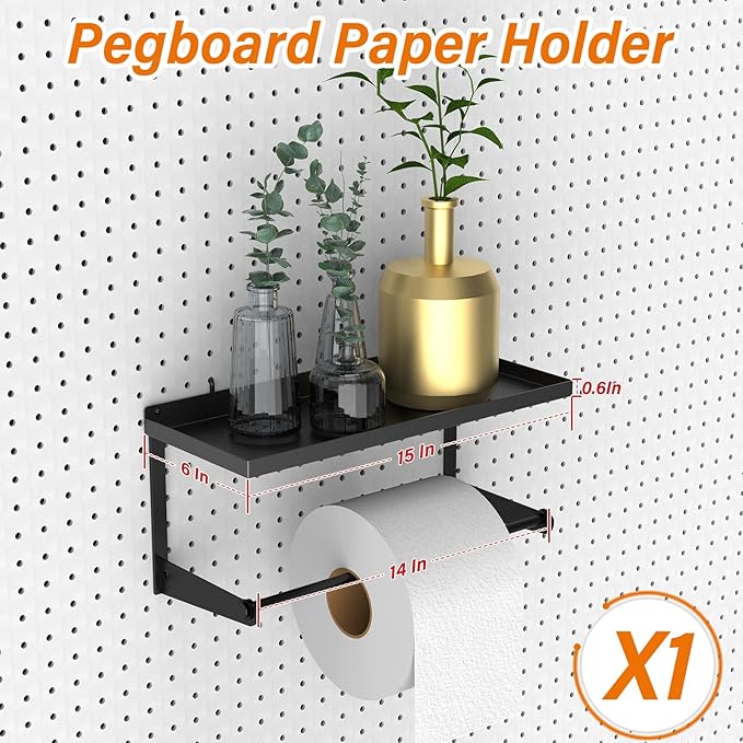 Pegboard Paper Towel Holder with Shelf, Heavy Duty Peg Board Accessory, Metal Pegboard Organizer Accessories for Garage, Workshop, Craft Room