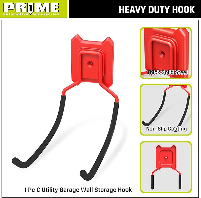 Prime 1 PR1ME 1 Pack Garage Garden Tool Organizer Wall Mount Hooks,Support 33lbs, Heavy Duty Metal Storage Hooks for Power Tool,Hand Tool,Bike,Hoses,Broom,etc