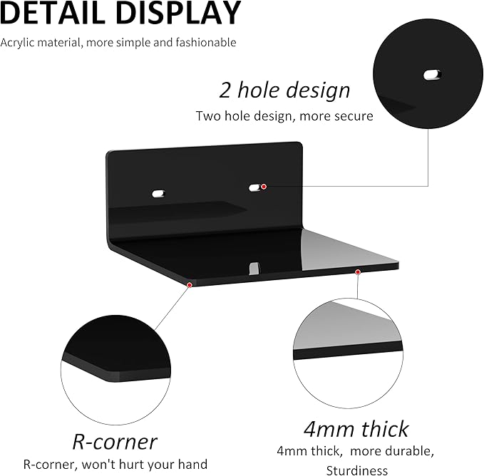 6 Inches Acrylic Small Wall Shelves 2 Pack, Floating Shelf for Wall Mounting, Acrylic Display Ledges for Funko Pop Figures, Home Décor, Living Room, Gaming Room, Plants(6 inch, Black)
