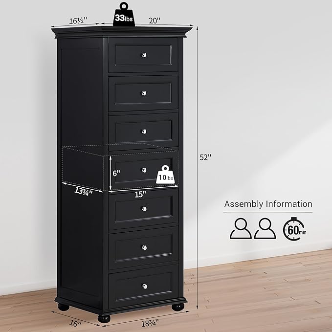 Tall Black Dresser for Bedroom with 7 Drawers, 52" Tall Modern Style Wooden Lingerie Chest with Crown Molding and Solid Wood Ball Legs, Anti-0xidation Zinc Alloy Knob(Black)