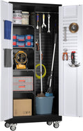 Broom Closet Storage Cabinet with Hanging Rod, 71" H Garage Storage Cabinet with Wheels and Pegboard & 13 Hooks for Garage, Home, Metal Cabinets, Black and White