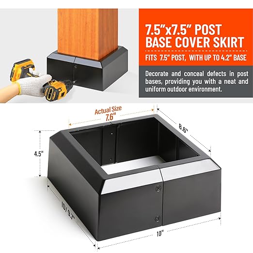 8"x8" (Actual: 7.5"x7.5") Deck Post Base Cover Split, Aluminum Post Base Trim Skirt Decorative Black 2Pack