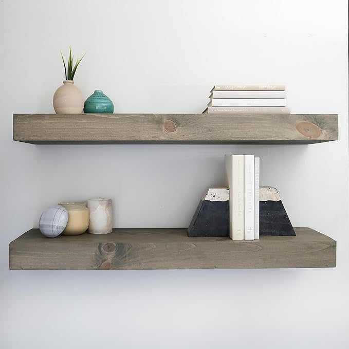 Urbandi Modern Floating Shelves 3 Inches Thick for Wall, Wide Shelves for Kitchen, Living Room, Bedroom, and Bathroom, Natural Pine Wood, Rustic Wooden Shelf, (Set of 2) (Aged Barrel, 48Lx3Hx6D)