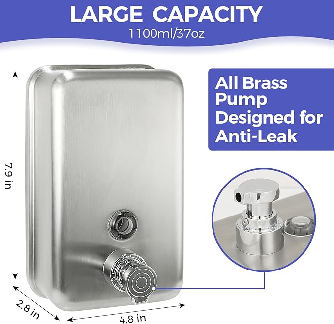 Stainless Steel Foam Hand Soap Dispenser, 1100ml / 37oz Wall Mount Foaming Soap Dispenser with Improved Premium Non-Leak Pump and Corrosion-Proof Liner for Commercial and Residential Use