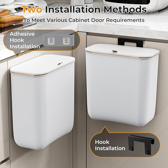 2.4 Gallon Hanging Trash Can - Small Under Sink Trash Can with Lid, Wall Mounted Garbage Bin for Kitchen & Bathroom Cupboard, Odor-Control, Extended Clamping Ring, White