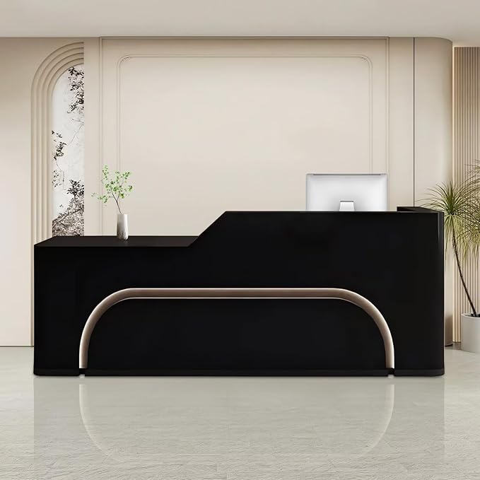 Modern Reception Desk with Counter Front Reception Table with Hidden LED Lighting Commercial Receptionist Desk Black Checkout Counter Fully Assembled and Ready to Use 102inch/260cm