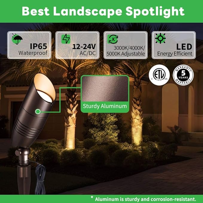 Outdoor Landscape Spotlights, 3000K/4000K/5000K Selectable LED, Low Voltage Waterproof Aluminum in ORB, Perfect for Flag Tree Patio Wall Illumination 6 Pack