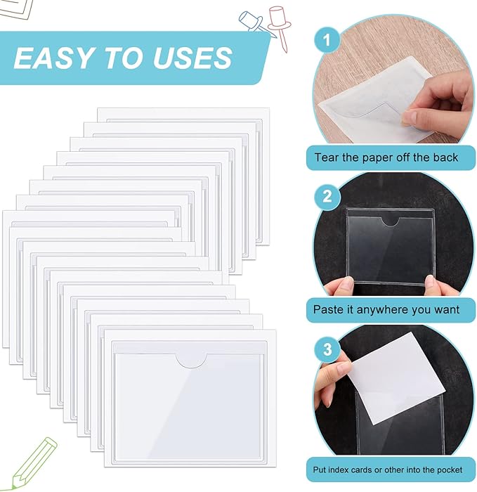 Chinco 50 Pack Clear Adhesive Pockets, Labels for Storage Bins, Plastic Self Adhesive Index Card Holder with Top Open for Organizing Bins Box Drawer(3.1 x 3.9 Inches)