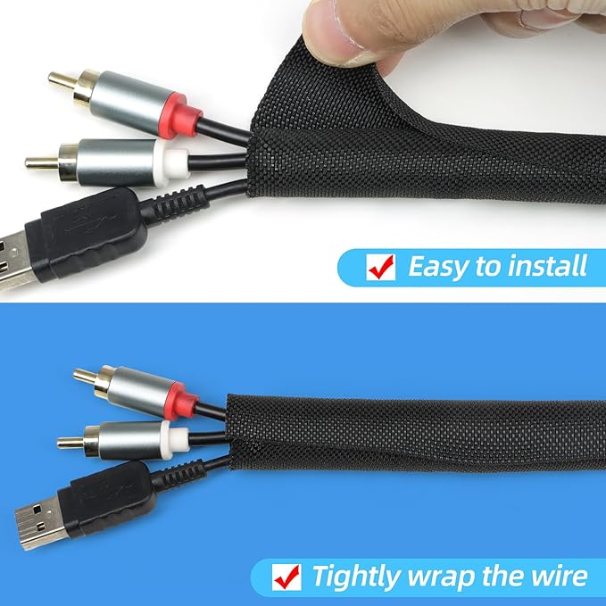 Automotive Wire Loom Tubing, Split Braided Cord Protectors from Pets No Chew, Flexible Cable Sleeve Cable Management for TV/Computer/Electric Wires (Black, 1/2"-25ft)