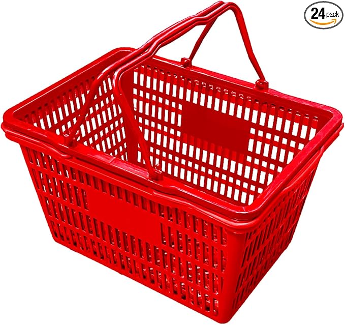 Stackable Plastic Shopping Baskets, Red and Blue, Easy-Grip Handles for Grocery, Retail, Liquor Stores, Home Use (2-pack, Red)