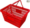 Stackable Plastic Shopping Baskets, Red and Blue, Easy-Grip Handles for Grocery, Retail, Liquor Stores, Home Use (2-pack, Red)