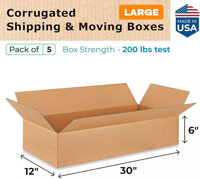Large Shipping & Moving Boxes 30 x 12 x 6 inches (5-Pack) - Extra Strength 200 lb vs Regular - Corrugated Shipping Boxes for USPS/FEDEX - Large Cardboard Moving Box by IDL Packaging