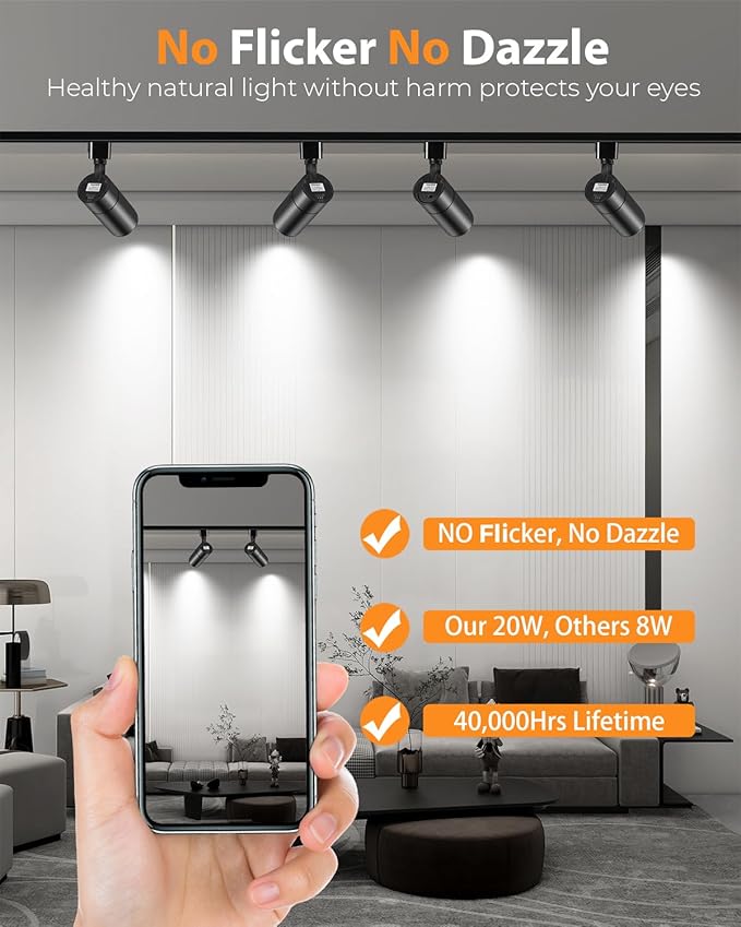 VANoopee 3-Color Zoomable 20W LED Track Lighting Heads H Type Track Light Heads Dimmable Bright Ceiling Spotlight Fixtures for Kitchen, 3000K 4000K 5000K Adjustable, CRI90+ 15°-60° 2000lm Black 3 Pack