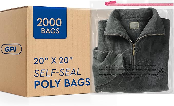 2000 Count - 20" x 20" Extra-Large Self Seal Poly Bags with Suffocation Warning, 1.5 Mil, Clear Polybags with Resealable Adhesive Strip for Shipping & Packaging Clothing, T Shirts & Sweaters. GPI