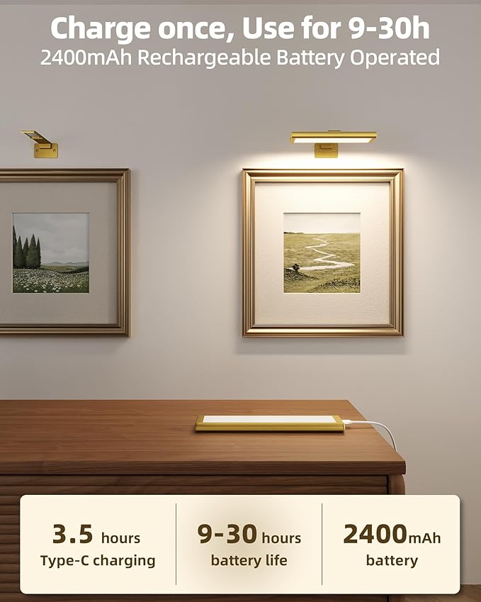 EZVALO Picture Light for Wall, Rechargeable 2400mAh Battery Lights Wireless Remote, 3 Color & Dimmable Magnetic 8'' LED Lights Display for Painting, Living Room, Gallery, Bedroom, Dashboard(Gold-2P)