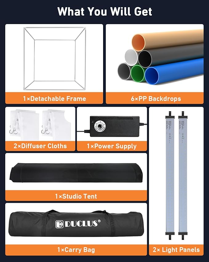 DUCLUS Photo Light Box 24x24 inch, Portable Shooting Tent Kit, Professional Dimmable Photo Studio Light Box with 100 LED Beads & 6 Color Backdrops for Jewelry and Food Items Product Photography