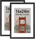 VCK 16x24 Poster Frame Black 2 Pack - with Mat 12x18, Textured Exclusive Solid Wood Picture Frame, Wall Mounting Hanging