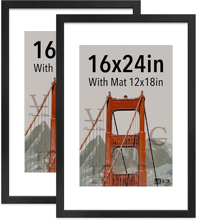 VCK 16x24 Poster Frame Black 2 Pack - with Mat 12x18, Textured Exclusive Solid Wood Picture Frame, Wall Mounting Hanging