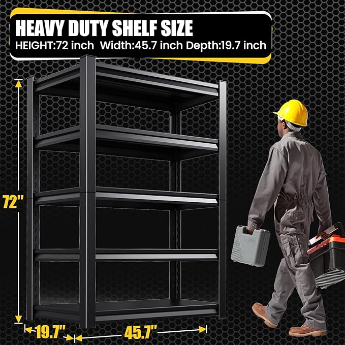 5-Tier Garage Shelving Heavy Duty, 3000LBS Metal Shelving Unit, Adjustable Garage Storage Shelves, Easy Assembly Steel Shelving, Utility Storage Rack Shelf for Warehouse, 72”H*45.7”W*20”D, 2 Pack