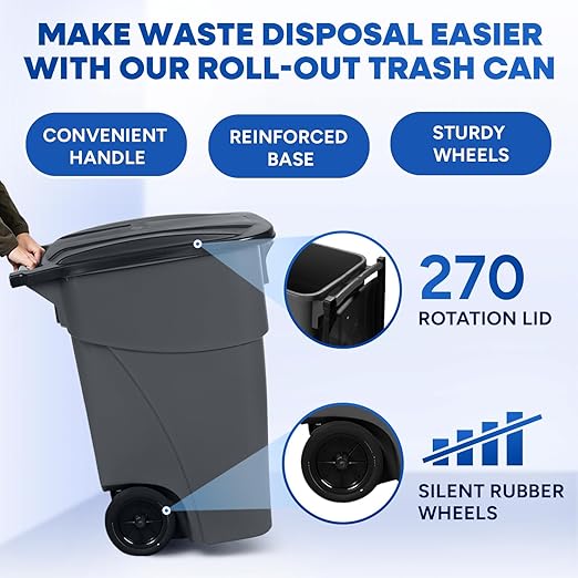 50 Gallon Trash Can, Gray Outdoor Garbage Can, Large Outside Trash Bin, Rolling Commercial Container, Outdoor Trash Can with Lid and Wheels for Back of House, Office, Warehouse, Garage