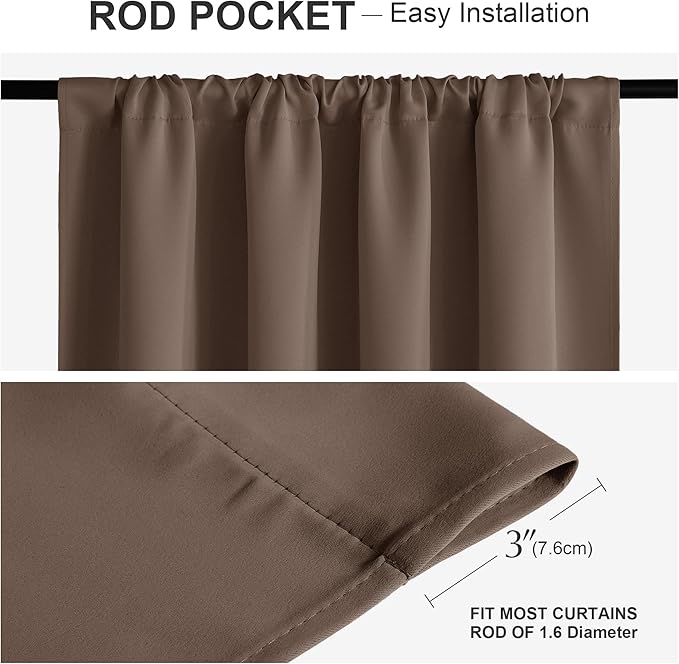 PONY DANCE Rod Pocket Blackout Curtains - Kitchen Curtains Short Thermal Insulated Window Treatments Panels Light Block for Bathroom, Wide 42 by Long 45 inches, Mocha, 2 Pieces