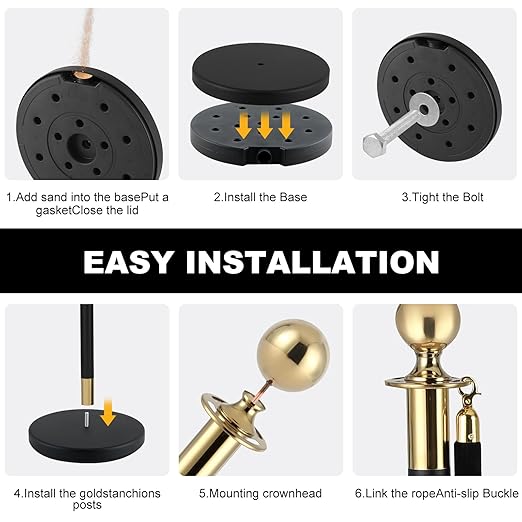 8PACK Stainless Steel Stanchion Post Queue 5 ft Black Velvet Ropes and Stanchion Poles Set Crowd Control Barriers with Fillable Base Used for Party Wedding Theaters Red Carpet - Black & Gold Color