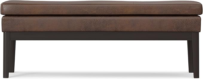 SIMPLIHOME Carlson Ottoman Bench - 45 inch Wide Upholstered Vegan Leather Rectangle Ottoman in Distressed Chestnut Brown, Mid Century Modern Bench for Bedroom or Living Room with Padded Seat