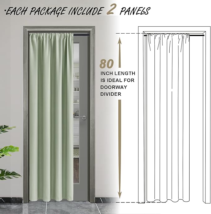 JIUZHEN Blackout Doorway Curtains 80 inch Length - 2 Panels Thermal Insulated Privacy Soundproof Rod Pocket Closet Door Curtains Room Divider for Bedroom,Office, 42 x 80 inches, Light Green