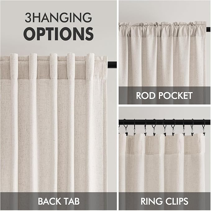 MIULEE Non-See-Through Privacy Linen Curtains 2 Panels, Light Filtering Window Curtains Farnhouse Textured Back Tab Semi Sheer Drapes for Bedroom Living Room, 52 x 63 Inches Long, White
